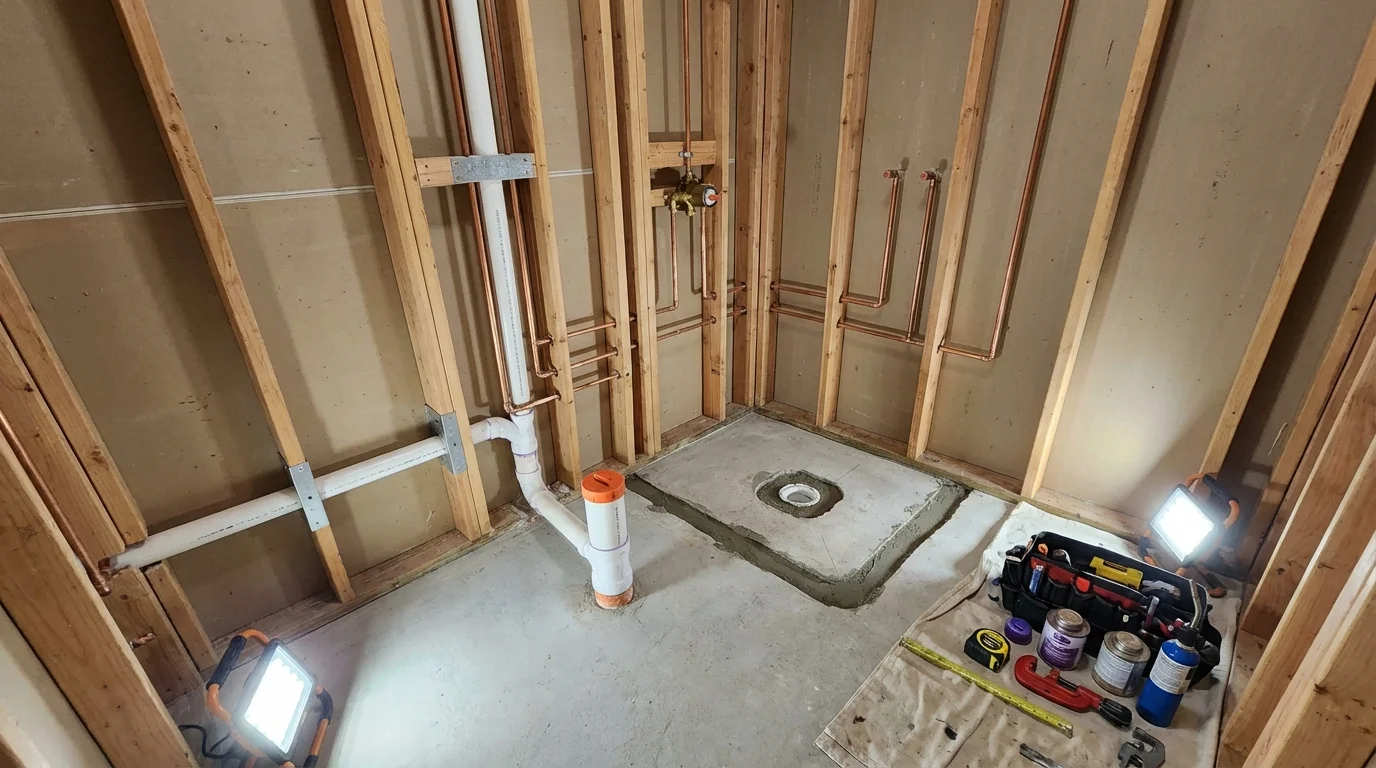 Bathroom rough-in plumbing during remodel by Johns Plumbing LLC in Flandreau