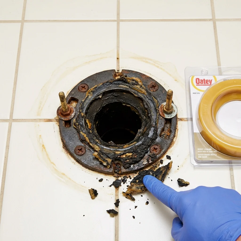 Failed wax ring showing water seepage at the base of a toilet in a Flandreau, SD home